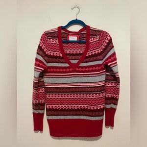 Old Navy Y2K Red:Gray Patterned Deep V-Neck Sweater. Angora/Wool Blend. Size L.